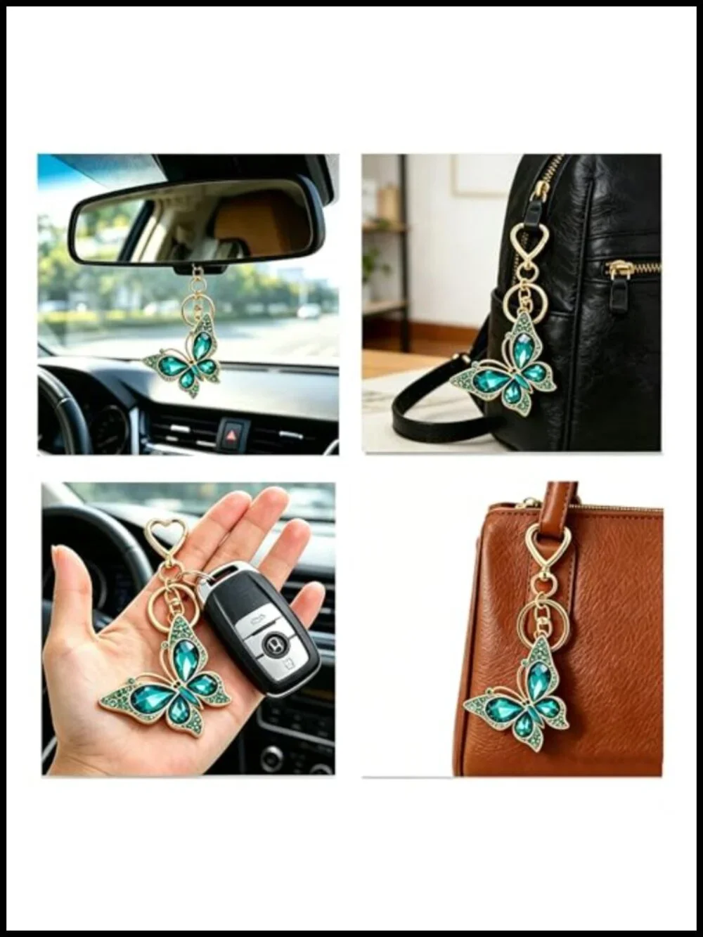 2-Piece Rhinestone Butterfly Keychain Set Zinc Alloy Bag Charm Car Pendant Gift